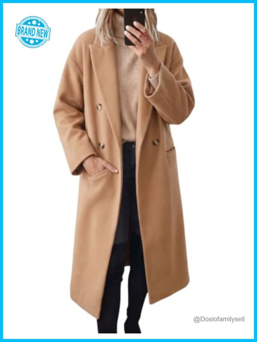 Double Breasted Wool Blend Trench Coat Long Sleeve Notch Lapel Winter